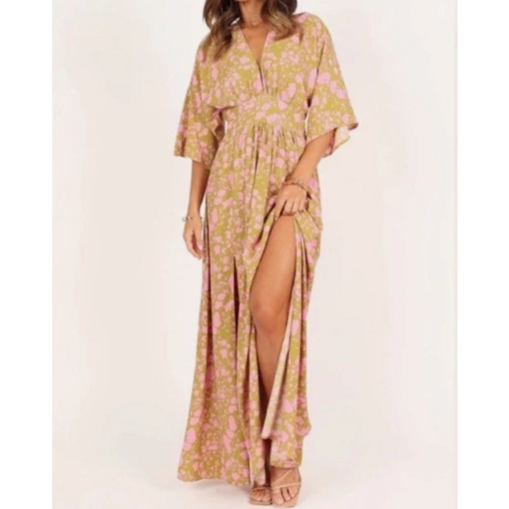 Aakaa Women’s Floral Maxi Dress Green Pink Boho Tropical Size S NWOT